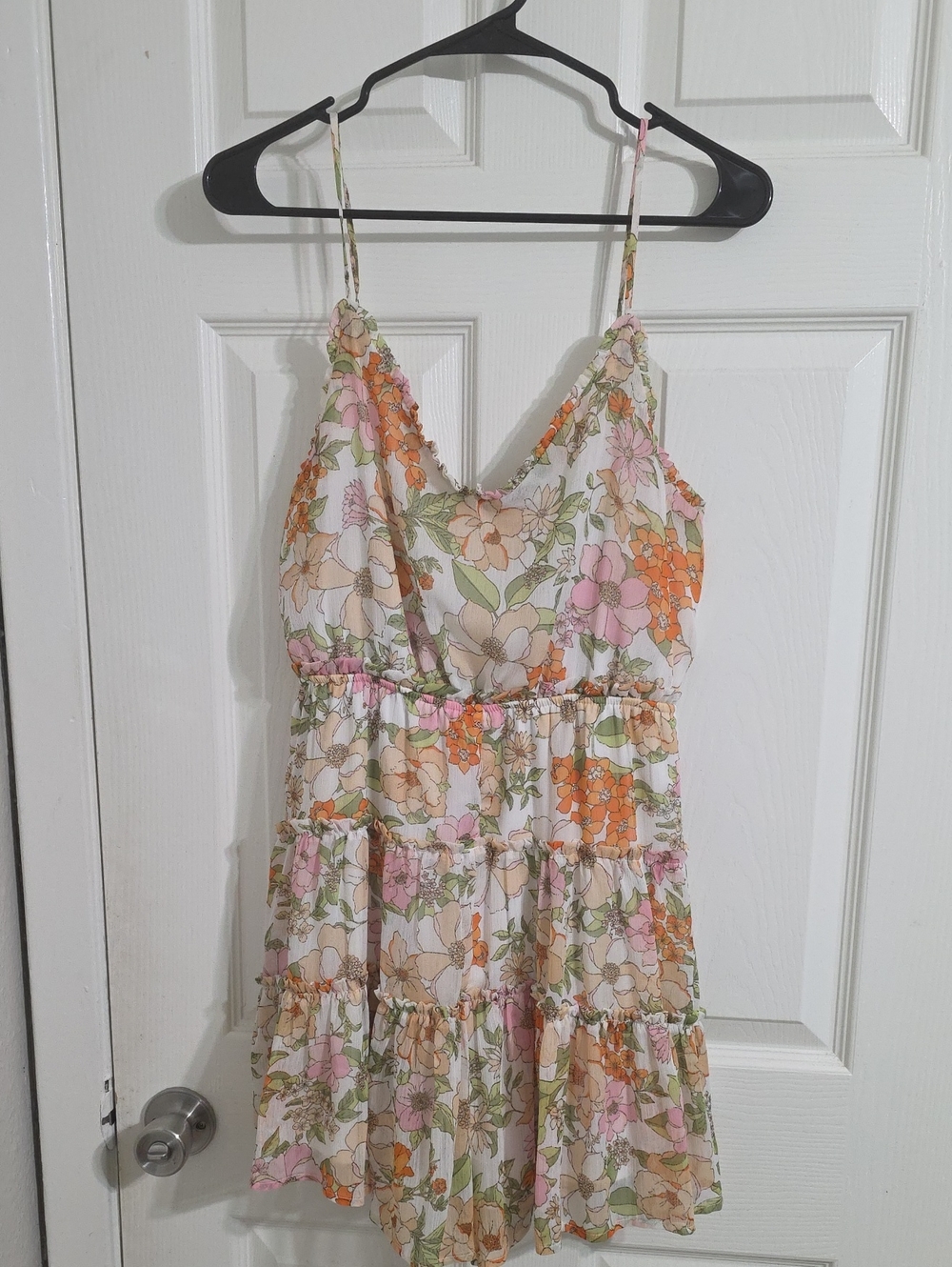 Blu Pepper Floral Tiered Spaghetti-Strap Mini Romper - Cream, Pink & Orange